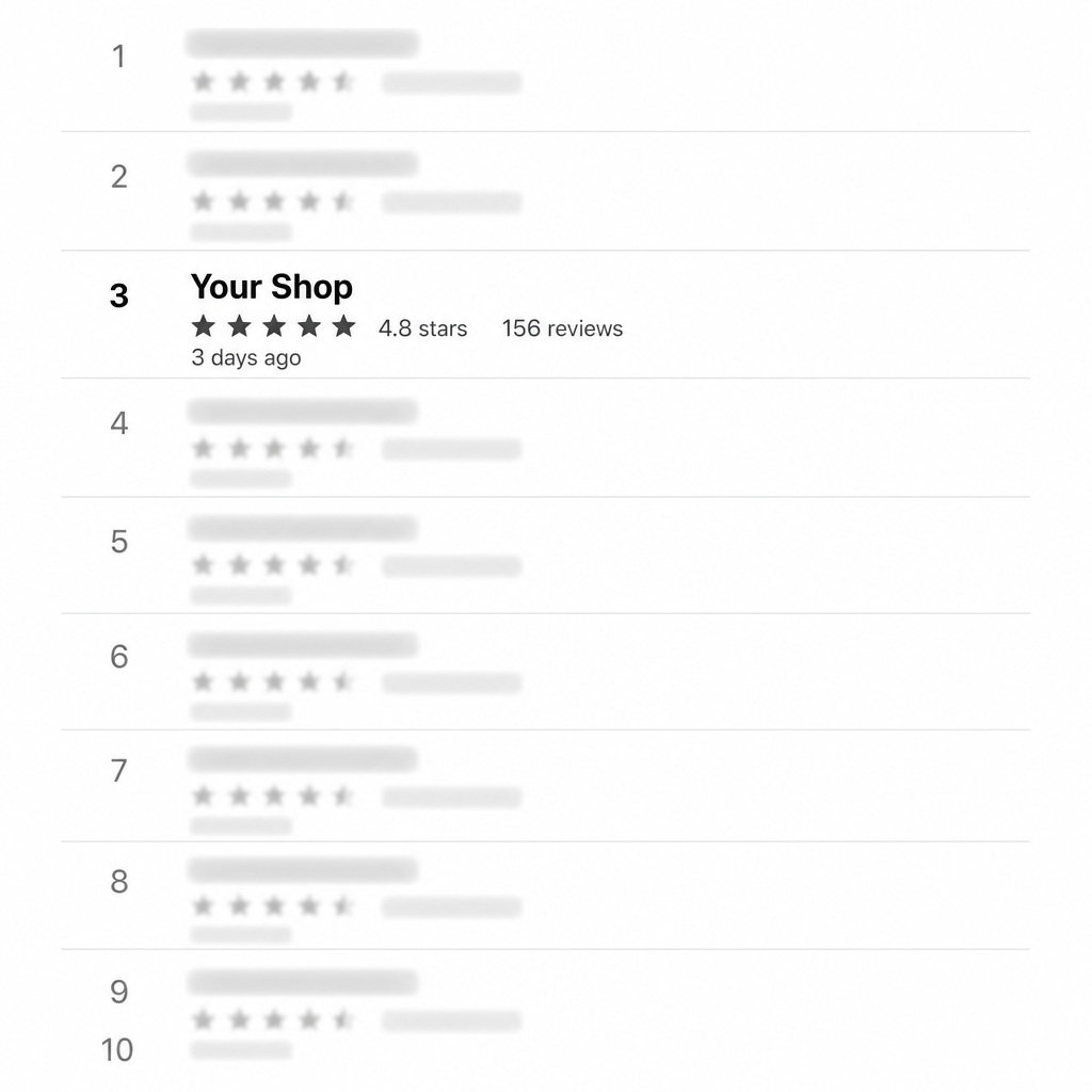 Search results showing Your Shop ranked third among local auto repair listings