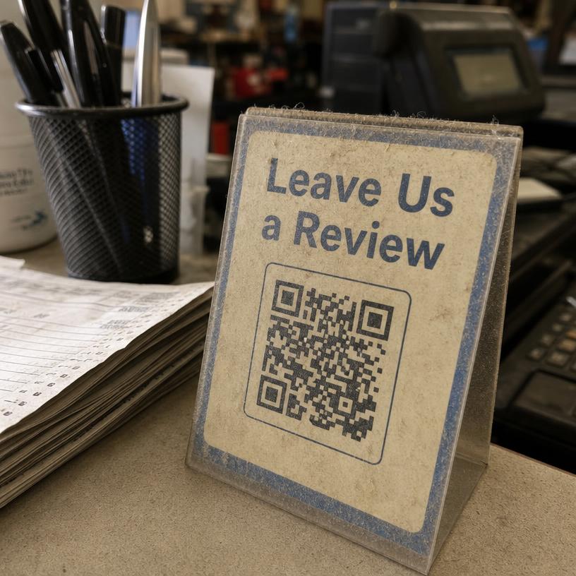 Dusty leave us a review table tent on a shop counter