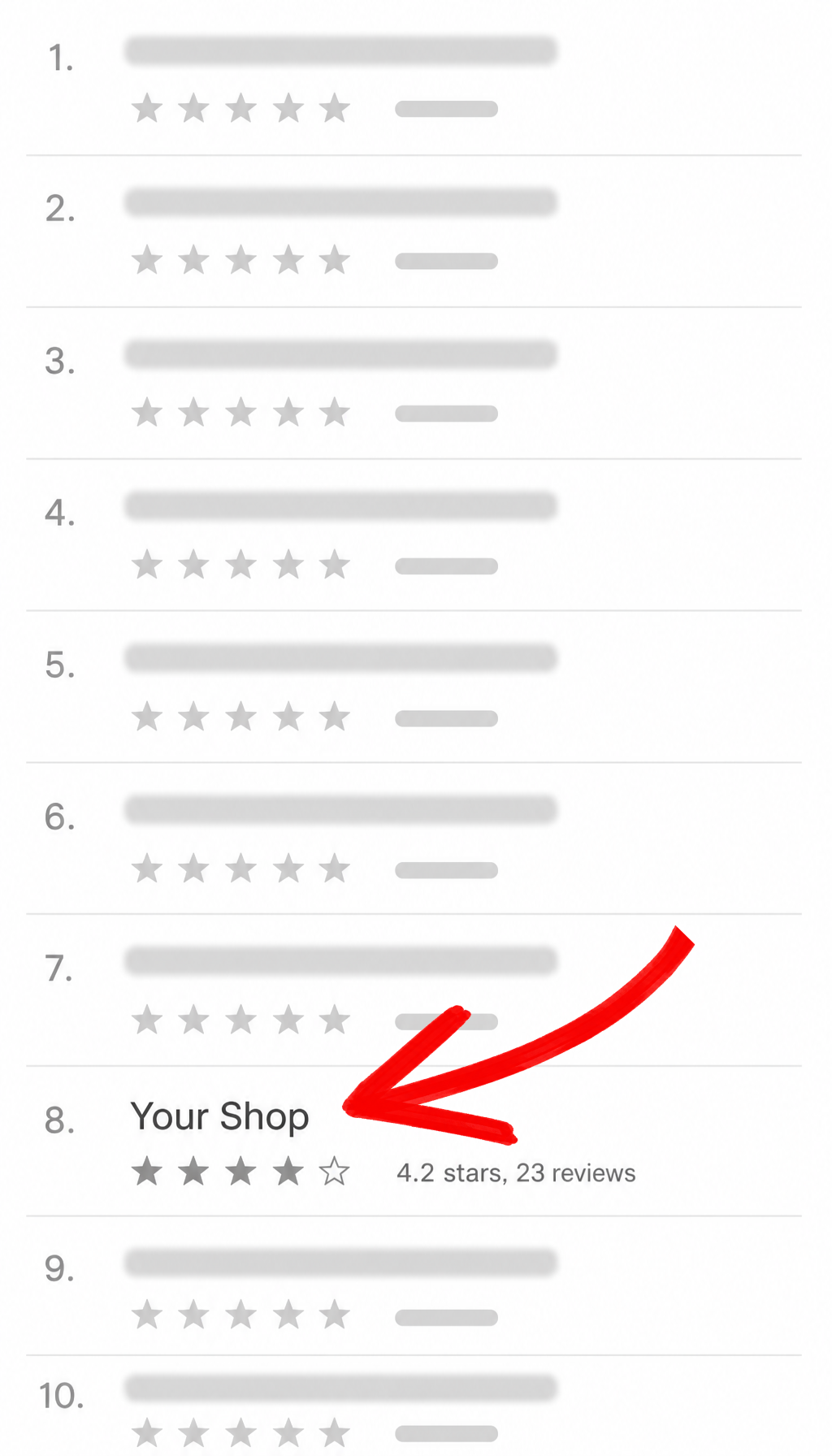 Search results showing Your Shop ranked among local auto repair listings
